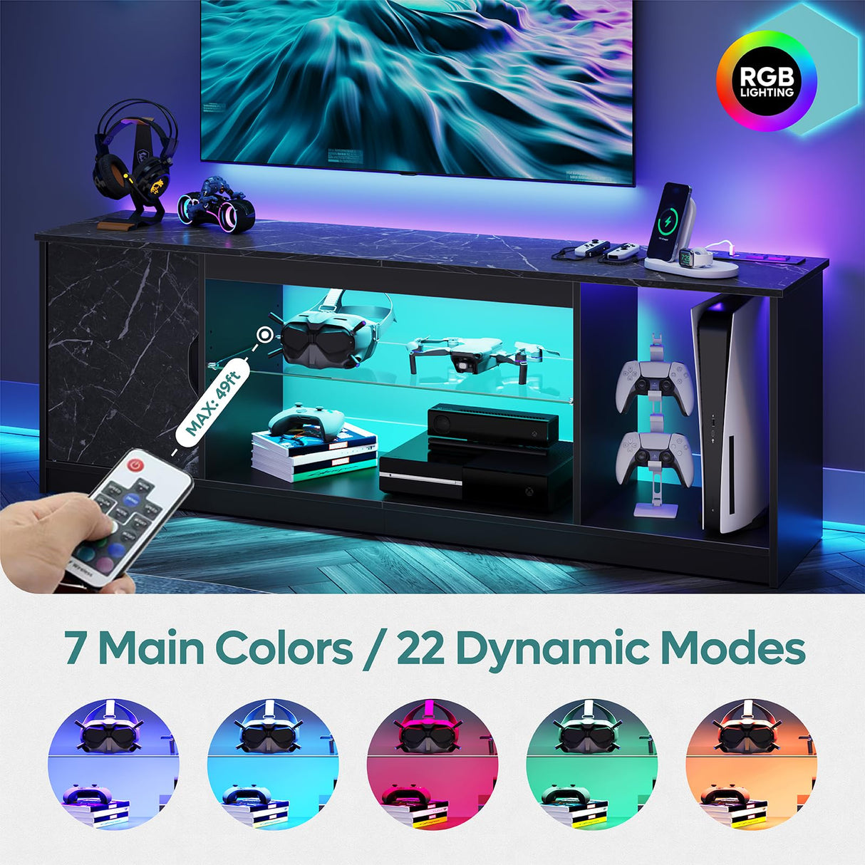 Bestier LED TV Stand with Power Outlets for 55/60/65 Inch TV, Gaming Entertainment Center with Cabinet for PS5, Modern TV Cabinet with Adjustable Glass Shelves for Living Room 58 Inch,Black Marble Bestier