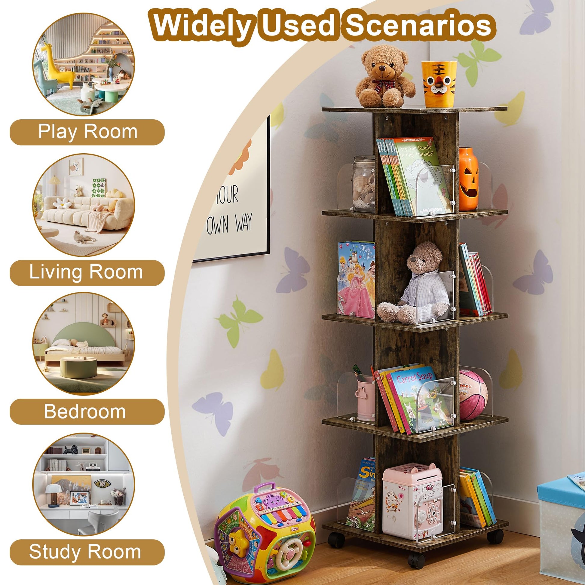 VECELO 360° Rotating Bookshelf with Wheels - 4-Tier Compact Corner Bookcase in Brown - WoodArtSupply