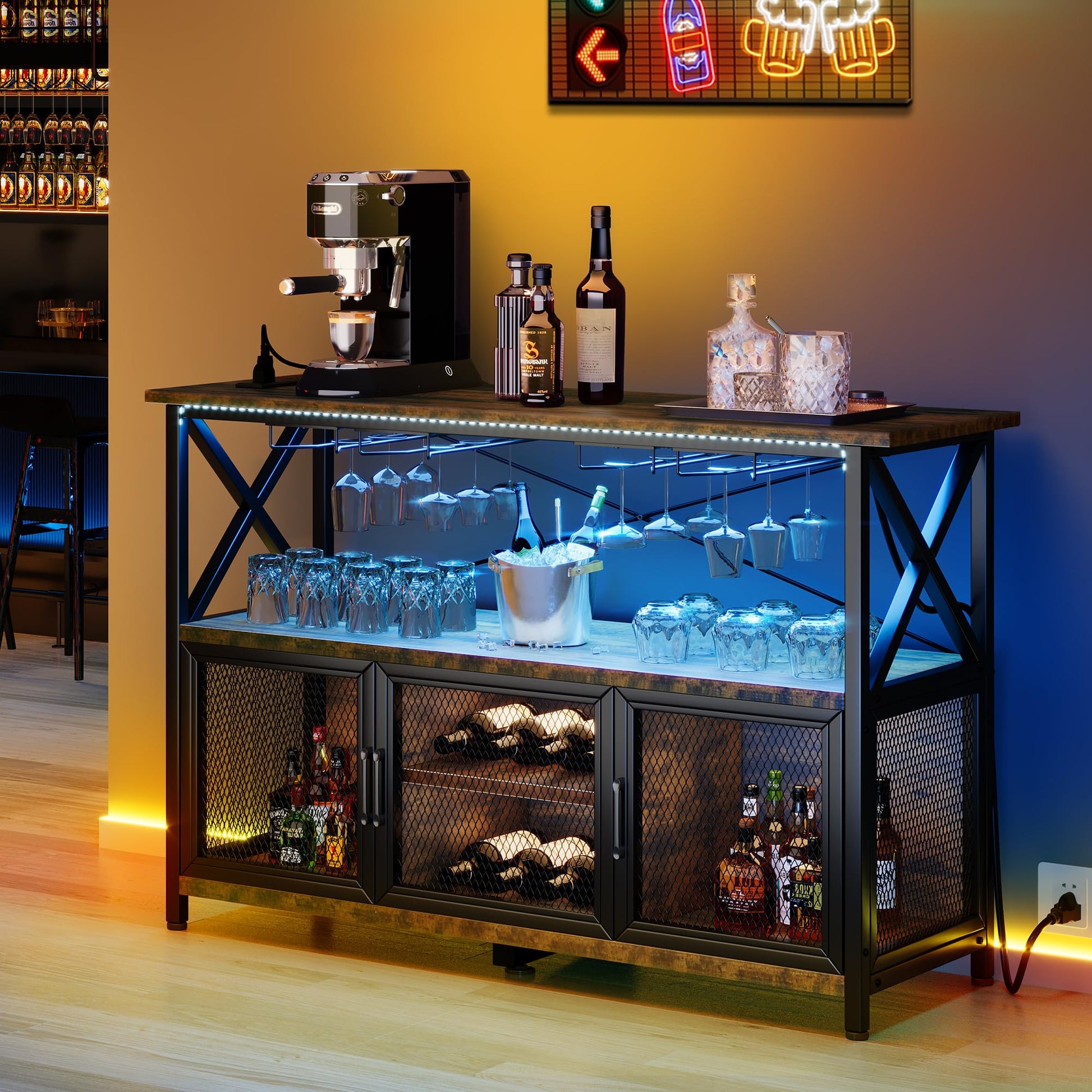 YITAHOME 55" LED Wine Bar Cabinet with Power Outlets and Ample Storage in Rustic Brown - WoodArtSupply