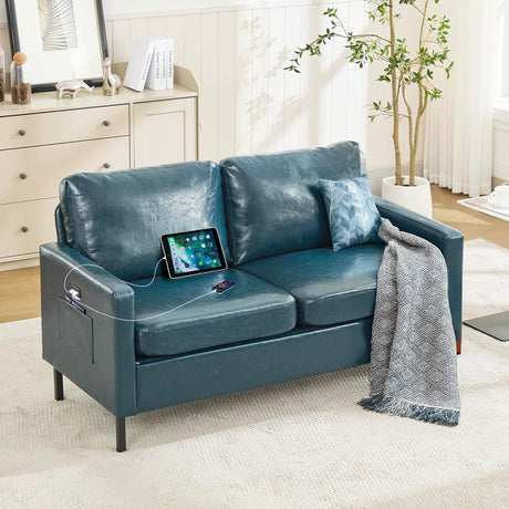 STHOUYN 57" W Faux Leather Loveseat w/ 2 USB, Small Loveseat Sofa w/Side Pockets, Wooden Frame Small Couch w/Metal Legs, Office Mini Couch for Dorm, Bedroom, Apartment (Blue, 2 Seater) STHOUYN