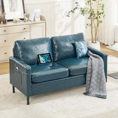STHOUYN 57" W Faux Leather Loveseat w/ 2 USB, Small Loveseat Sofa w/Side Pockets, Wooden Frame Small Couch w/Metal Legs, Office Mini Couch for Dorm, Bedroom, Apartment (Blue, 2 Seater)