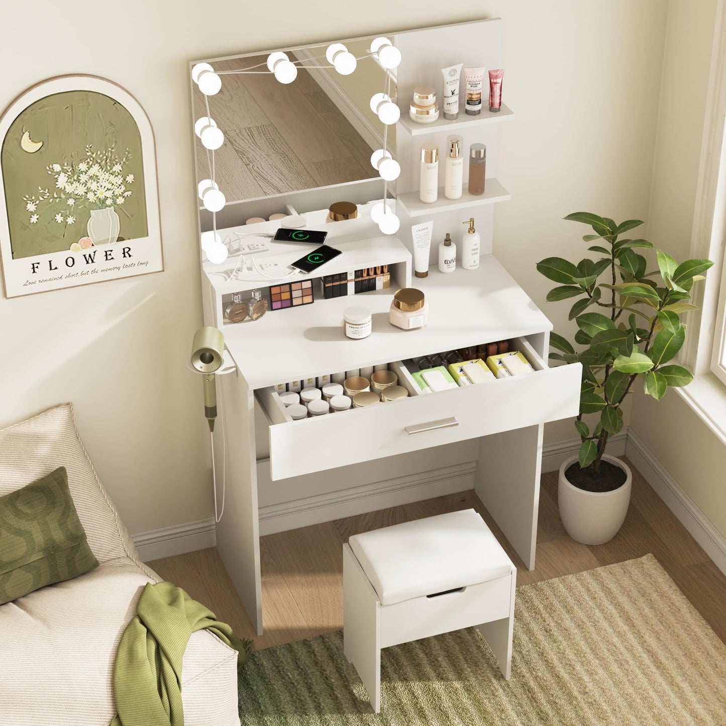 Vabches Makeup Vanity Table with Lighted Mirror & Power Strip, White Vanity Set, Lots Storage, 3 Lighting Modes, Brightness Adjustable, 31.5 * 15.75 * 57.7in, White