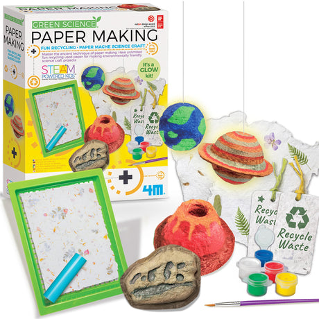 4M Green Science - Paper Making Kit - Recycle and Create Your Own - Paper Making Screen - Green DIY Craft Stem Toys Kit for Kids - Includes Molds, Paints, and Glow-in-The-Dark Features 4M