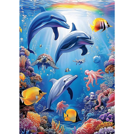 MXJSUA Dolphins DIY Diamond Painting by Number Kits for Adults, Sea World 5D Round Drill Diamond Gem Art Painting Picture Arts Kits Craft for Home Wall Decor 12x16 Inch MXJSUA