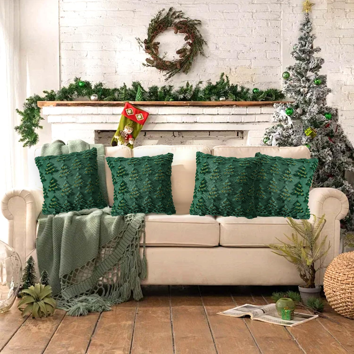 4 Pcs Christmas Throw Pillow Covers 18x18, Soft Faux Fur Pillow Cases Holiday Decorations, Fluffy Plush Accent Couch Cushion Case for Festivals Winter Sofa Living Room Home Decor(Green Tree) janbrm
