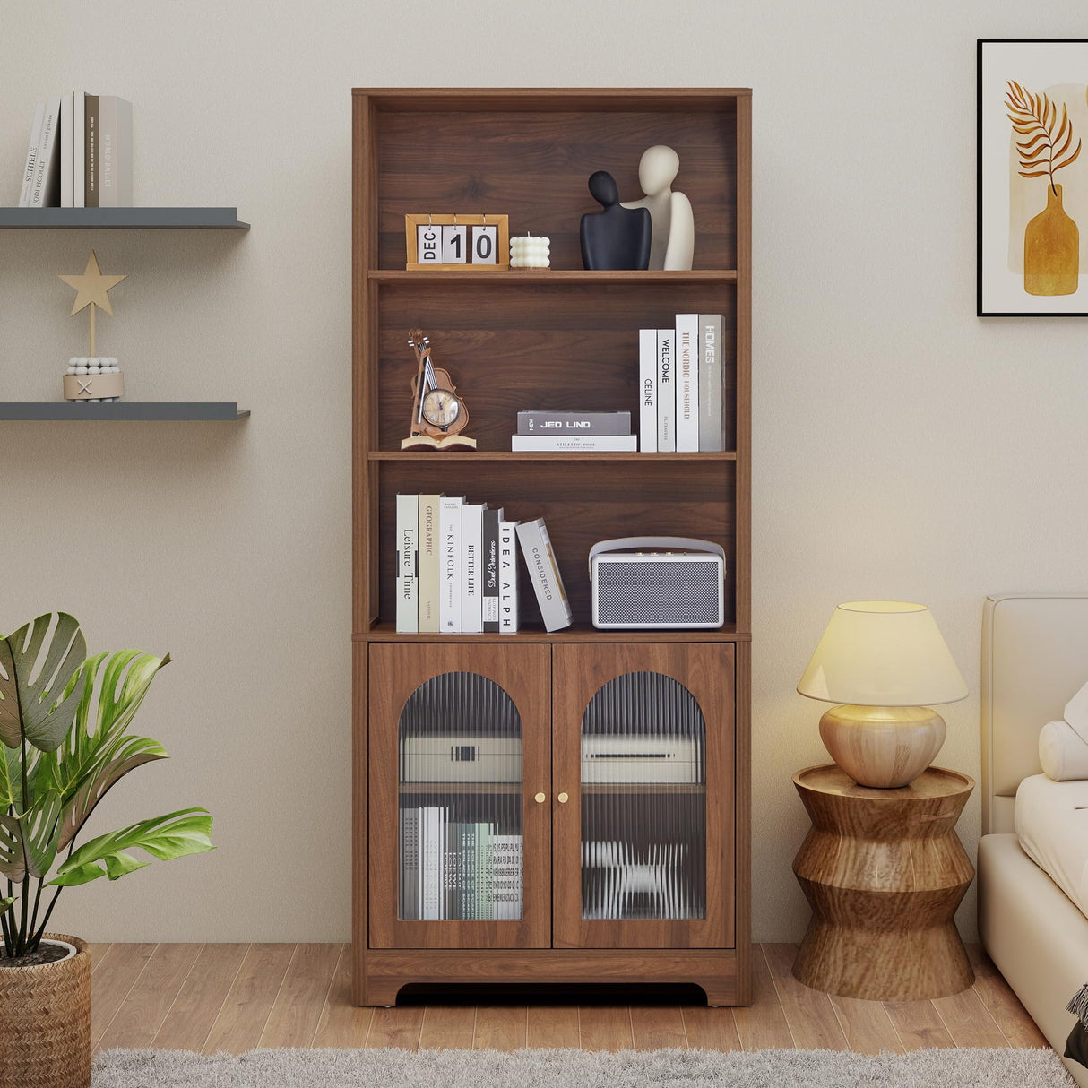 MAHYIZYI 71" Tall Bookshelf with Glass Doors, 5-Tier Arched Bookcase with Storage & Adjustable Shelf, Freestanding Wood Book Shelf Modern Farmhouse Display Cabinet for Living Room, Office (Walnut) MAHYIZYI