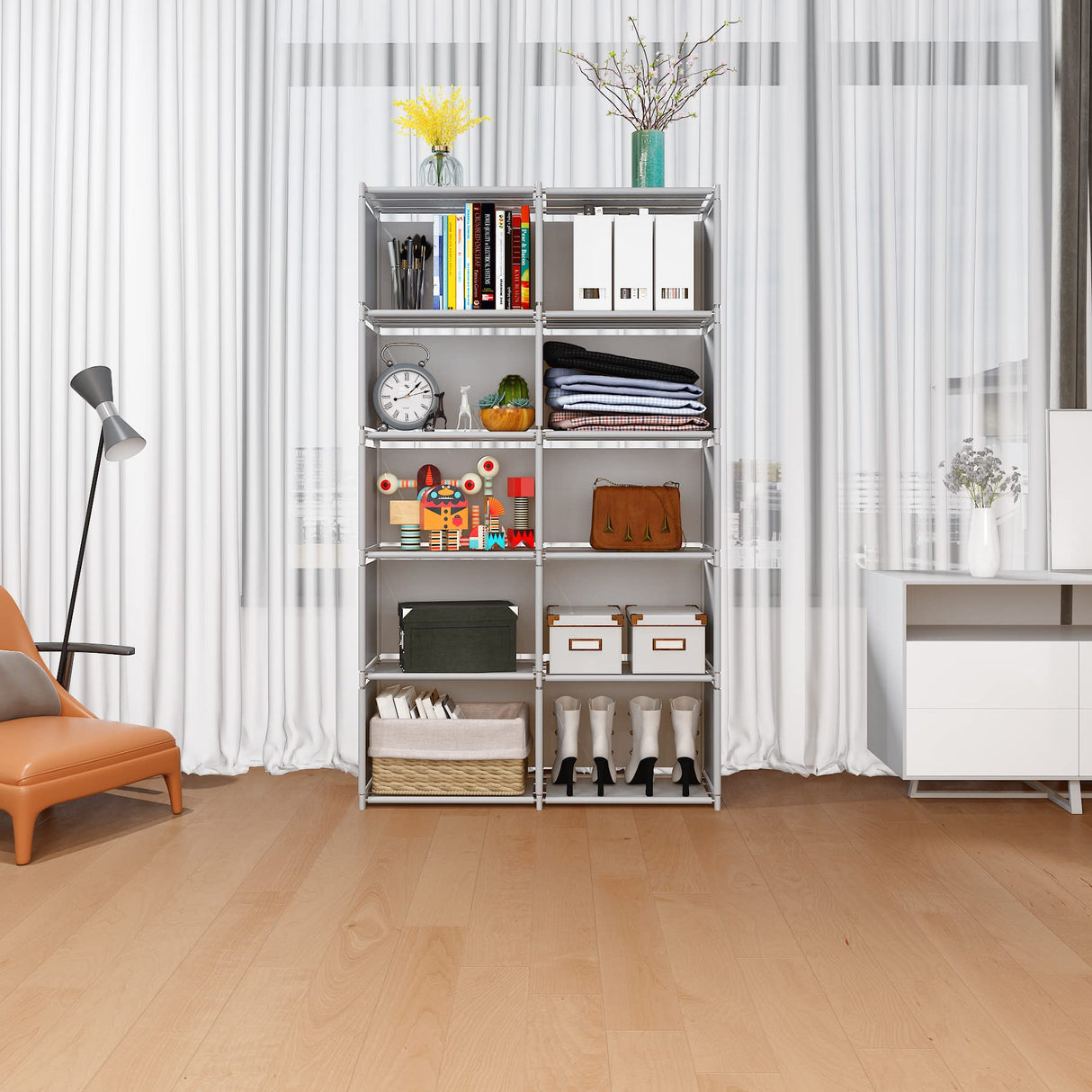 JIUYOTREE 6-Tiers Portable Bookshelf with Fabric Cloth at Back, 10 Cube Closet Storage Organizer Bookcase, Living Room,Study Room,Bedroom, Grey JIUYOTREE