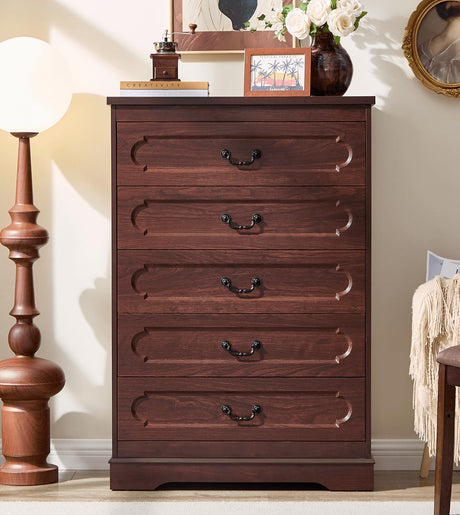 LIDYUK 5 Drawer Dresser for Bedroom Farmhouse Cherry Wood Chest of Drawers for Bedroom Dresser, Rustic 46" Tall Wide Drawers Dressers Wooden Closet Storage Cabinet, Hallway, Living Room LIDYUK