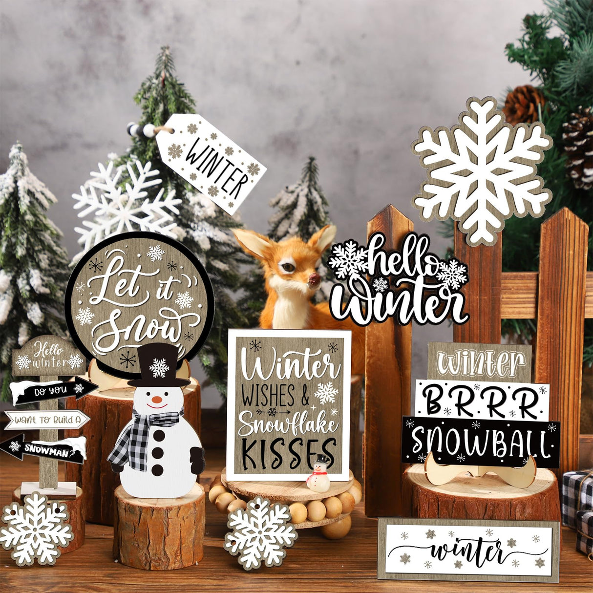 Dandat 15 Pcs Christmas Tiered Tray Decor Winter Tiered Tray Decorations Set Hello Winter Let It Snow Snowman Snowflake Wooden Signs Farmhouse Table Centerpieces for Home Table Shelf Dandat
