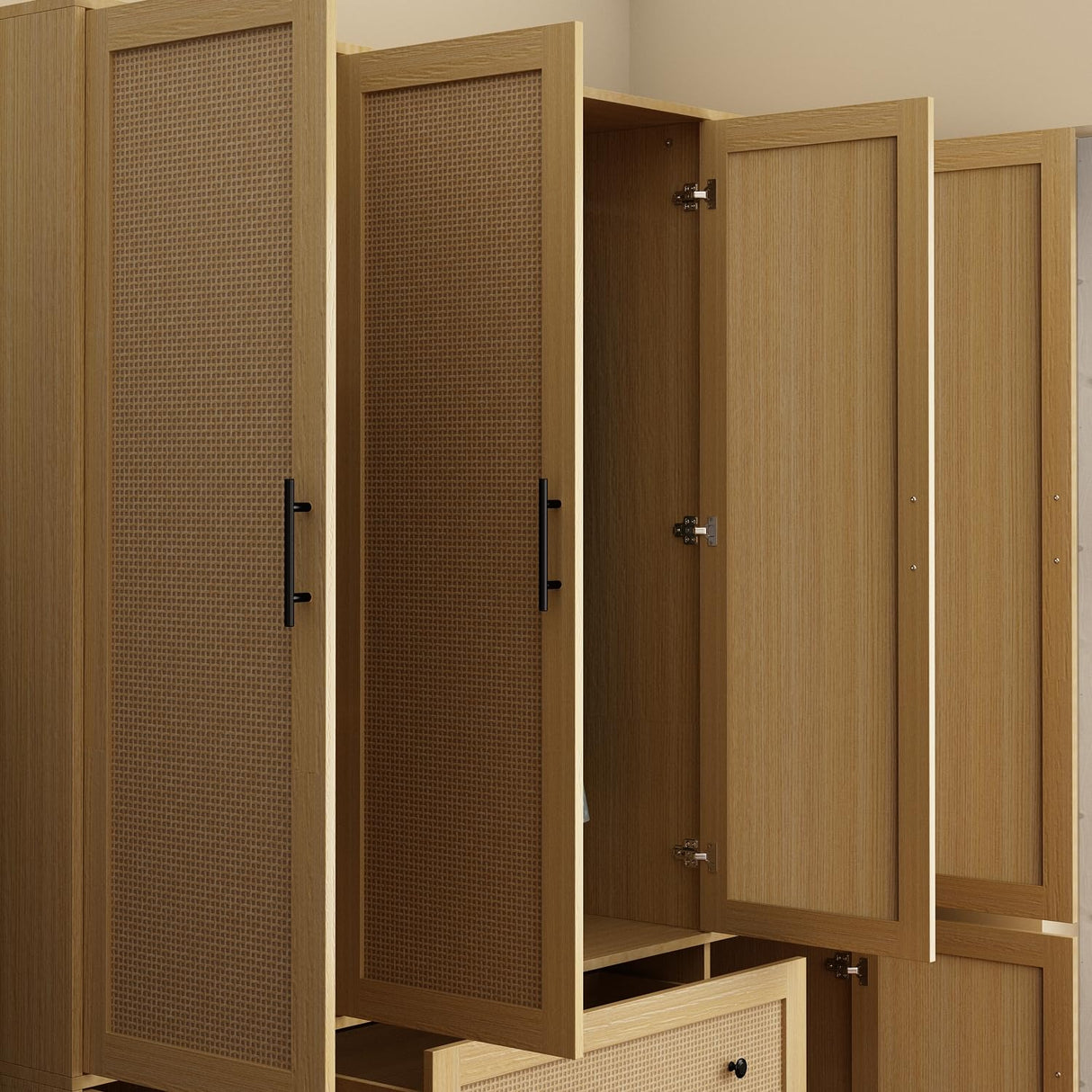 Homsee 6-Door Wardrobe Armoire Closet, Large Bedroom Cabinet Armoire with Rattan Doors, 2 Drawers, Hanging Bars & 7 Shelves, Light Brown Homsee