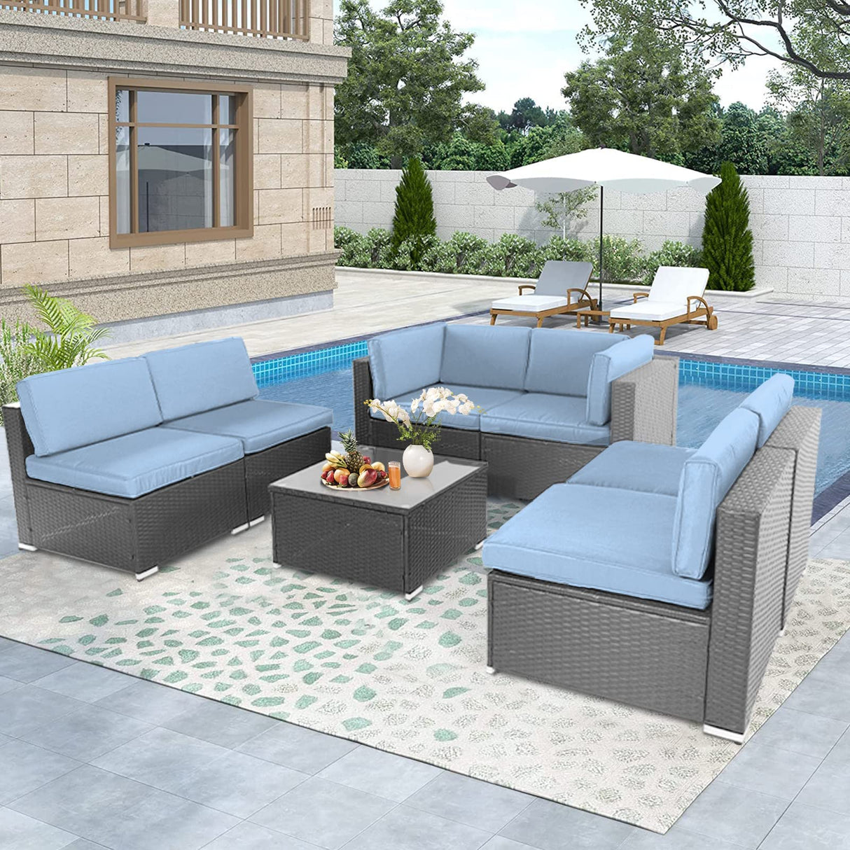 Crownland 7-Pieces Outdoor Patio Furniture Sets, All-Weather Grey Wicker Rattan Sectional Sofa, Modern Glass Coffee Table and Washable Seat Cushion with YKK Zipper (Light Blue) Crownland