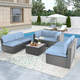 Crownland 7-Pieces Outdoor Patio Furniture Sets, All-Weather Grey Wicker Rattan Sectional Sofa, Modern Glass Coffee Table and Washable Seat Cushion with YKK Zipper (Light Blue) Crownland