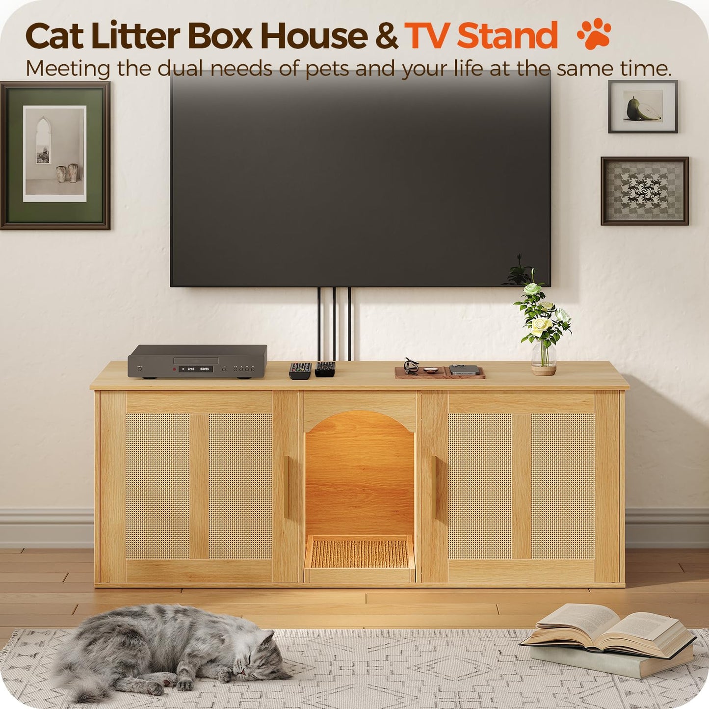 MAHANCRIS Cat Litter Box Enclosure for 2 Cats, Hidden Litter Box Furniture with Rattan Door, Boho Style Wooden Cat Washroom Furniture, 47.2" Side Table TV Stand for Living Room, Natural CWN13 - WoodArtSupply