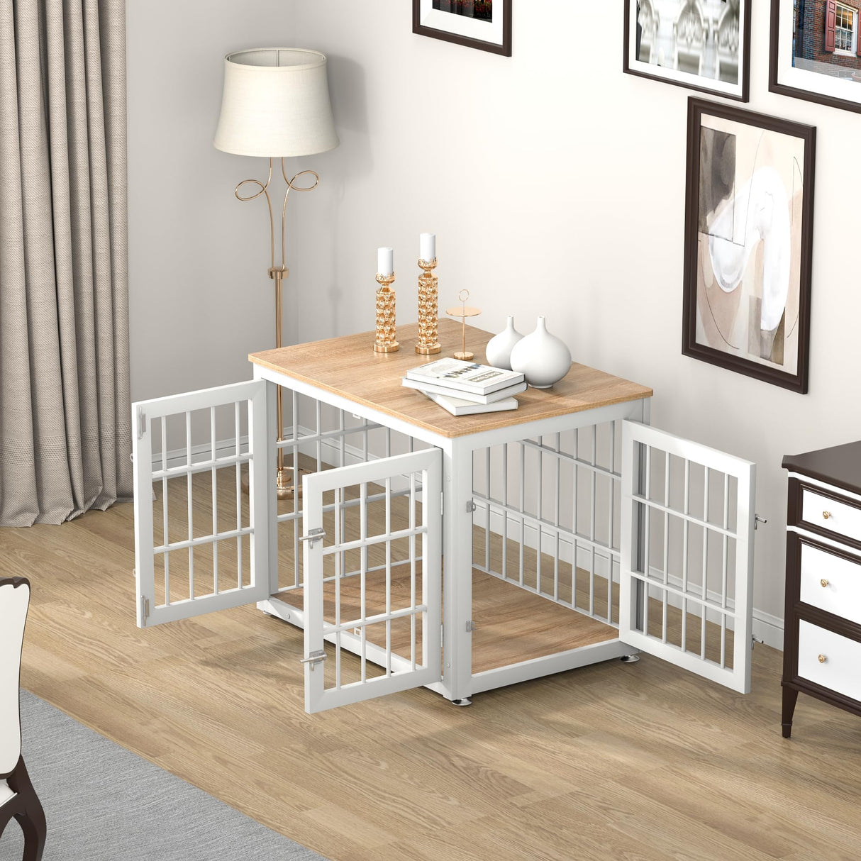 rehomerance Heavy Duty Dog Crate Furniture for Medium and Small Dogs, Decorative Pet House End Table, Wooden Cage Kennel Furniture Indoor, White and Natural rehomerance