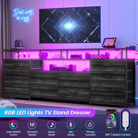 BTHFST 12 Drawers TV Stand Dresser for 65/70 inch TV, Entertainment Center with LED Lights & Power Outlets, 63" Large LED TV Stand, TV Console for Bedroom BTHFST