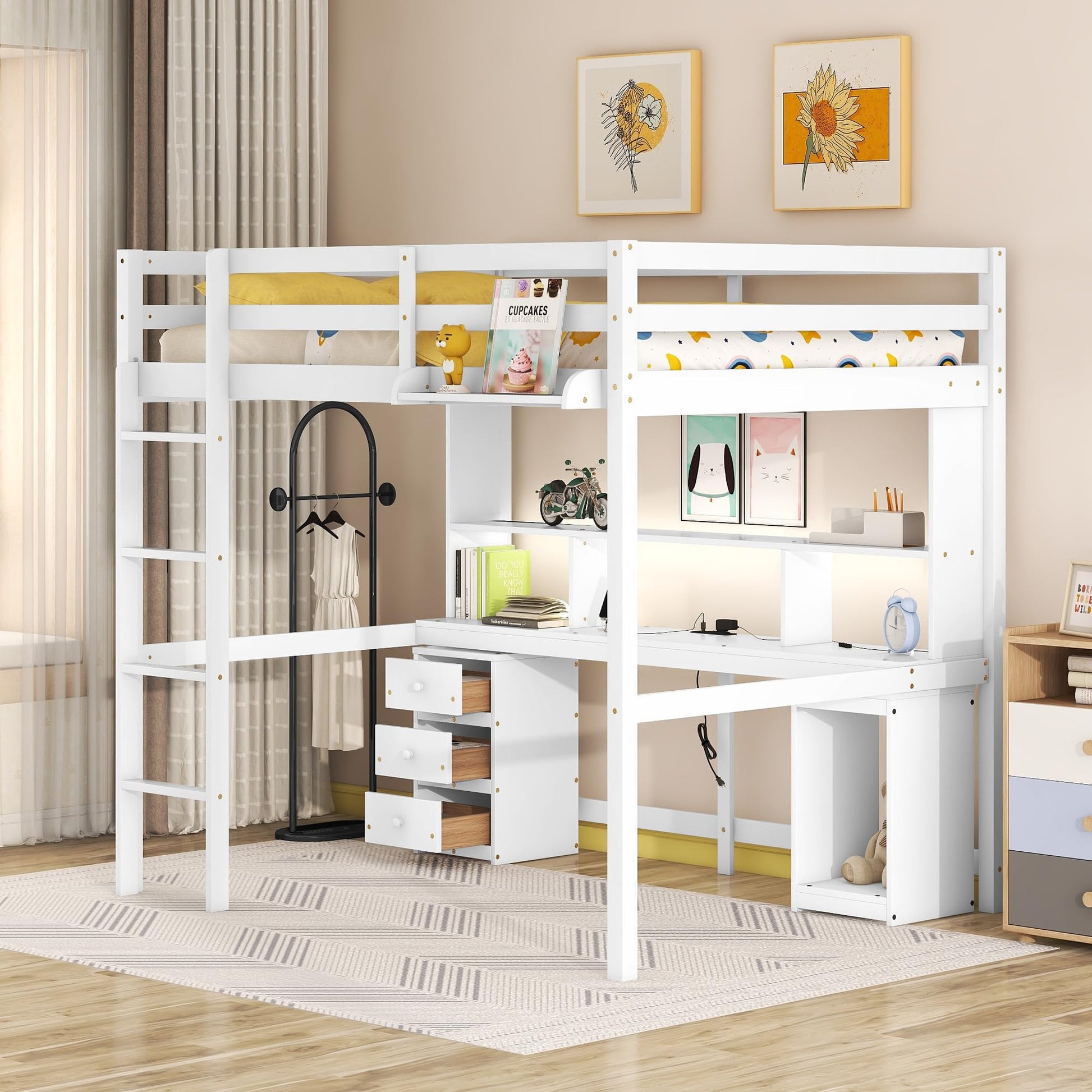 White Full Size Loft Bed with Desk, Storage, LED Lights, and Charging Station - WoodArtSupply