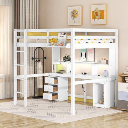 White Full Size Loft Bed with Desk, Storage, LED Lights, and Charging Station - WoodArtSupply