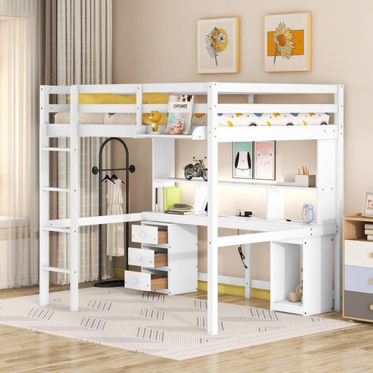 Bellemave Loft Bed with Storage Desk, Loft Bed with 3 Drawers, Wooden Loft Bed with Bookshelf, LED Light and Bedside Tray, Charging Station, for Kids Teens Adults, Full White