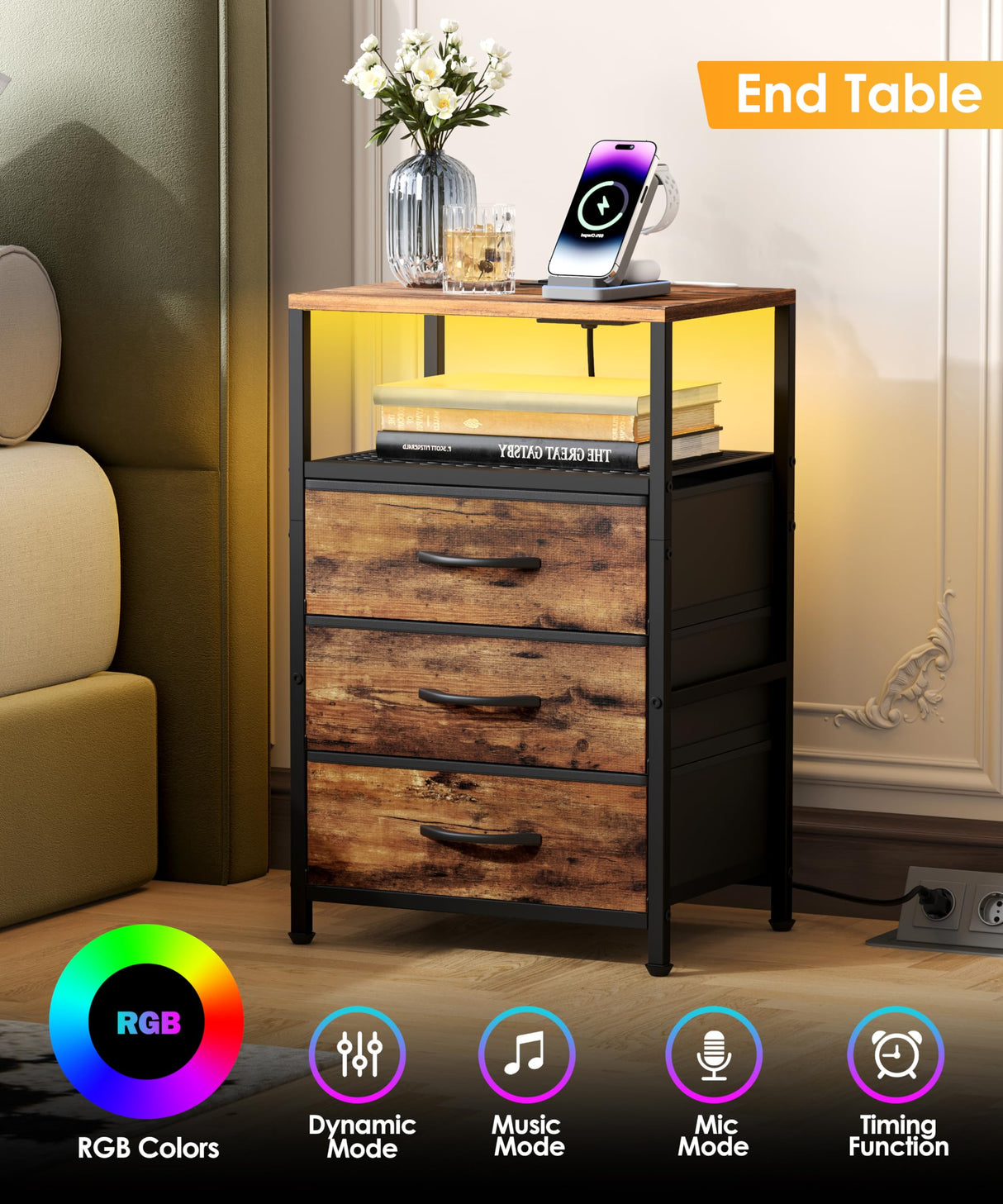 Akxomel Night Stand with Charging Station, 11" D x 15" W Nightstand with LED Light, Bedside Table with Fabric Drawers, Side Table with Open Shelf for Bedroom, Rustic Brown Akxomel