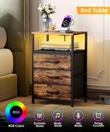 Akxomel Night Stand with Charging Station, 11" D x 15" W Nightstand with LED Light, Bedside Table with Fabric Drawers, Side Table with Open Shelf for Bedroom, Rustic Brown Akxomel