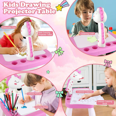 Drawing Projector for Kids, Art and Crafts, Drawing Board with Music, Color Pens, Pencils, Crayons, Scrapbook, Unicorn Sticker Book, Ideal Toy for 3+ Year Old Girls & Boys (Unicorn Kit) Hoarosall