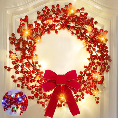 TURNMEON Dual Color Change&Timer 8 Modes Lighted Christmas Wreaths for Front Door, 20 Warm White&Color Lights with Bowknot Artificial Red Berry Christmas Wreath Xmas Winter Wreath Home Holiday 18 Inch TURNMEON