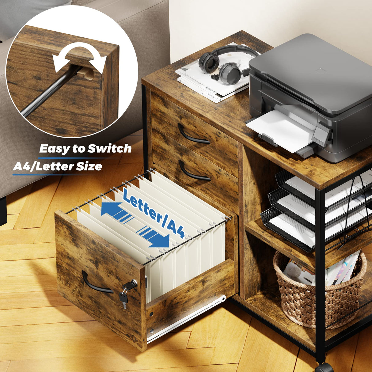 Lulive File Cabinet for Home Office, Filing Cabinet with Lock and USB Charging Port, 3 Drawer File Cabinet, Rolling File Cabinet with Storage for A4, Letter Size, Rustic Lulive