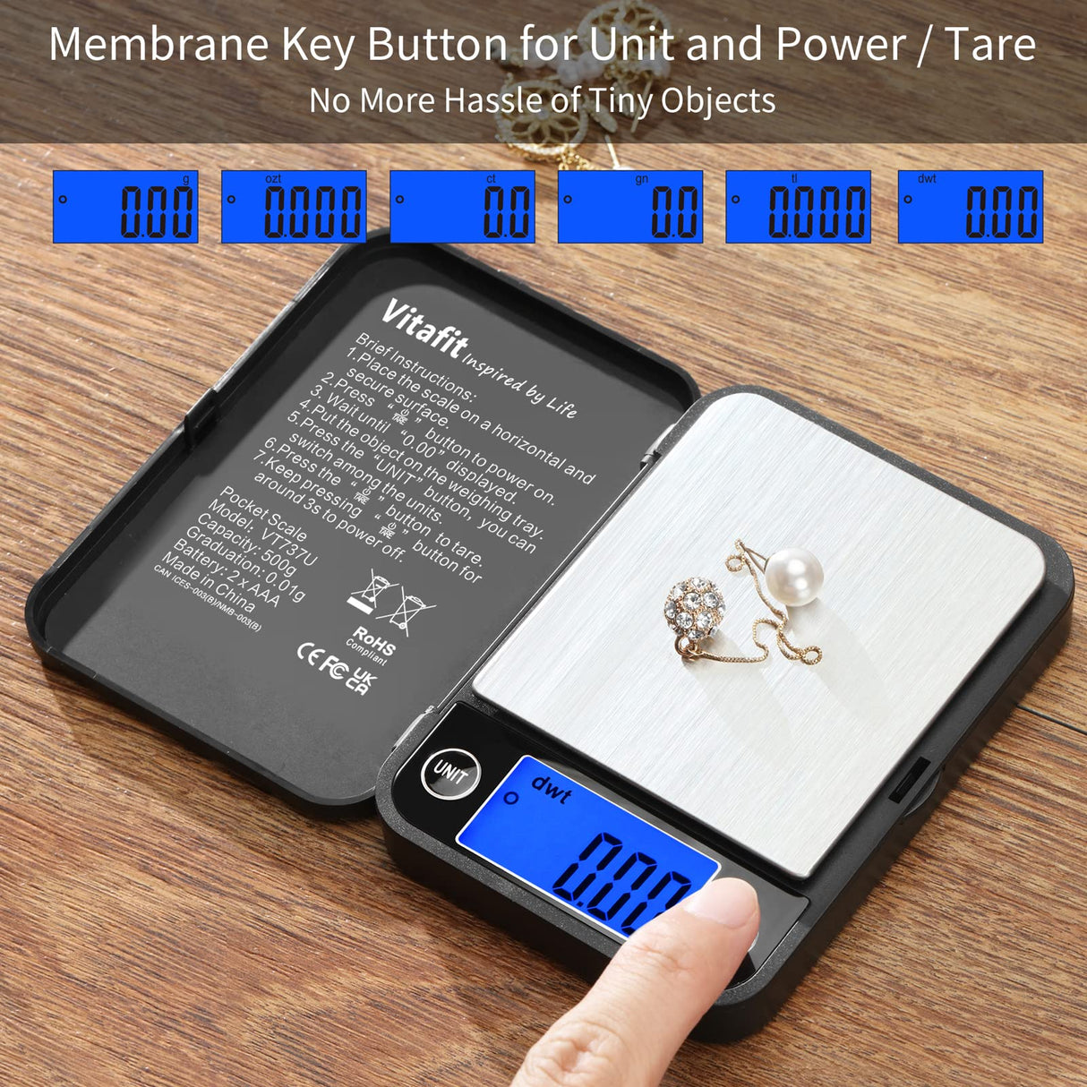 Vitafit 500g Digital Pocket Scale,High Accuracy Assured by Scale Professional Factory Since 2001, Gram Scale 0.01g for Multifunction: Lab,Food, Kitchen,Coffee,Jewelry; Black Vitafit