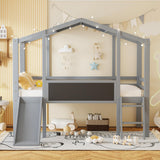 Harper & Bright Designs Kids House Loft Bed with Slide, Twin Size Low Loft Bed with LED Lights & Blackboard, Wood Playhouse Loft Bed with Ladder and Slats Support, for Kids Boys Girls, Gray Harper & Bright Designs
