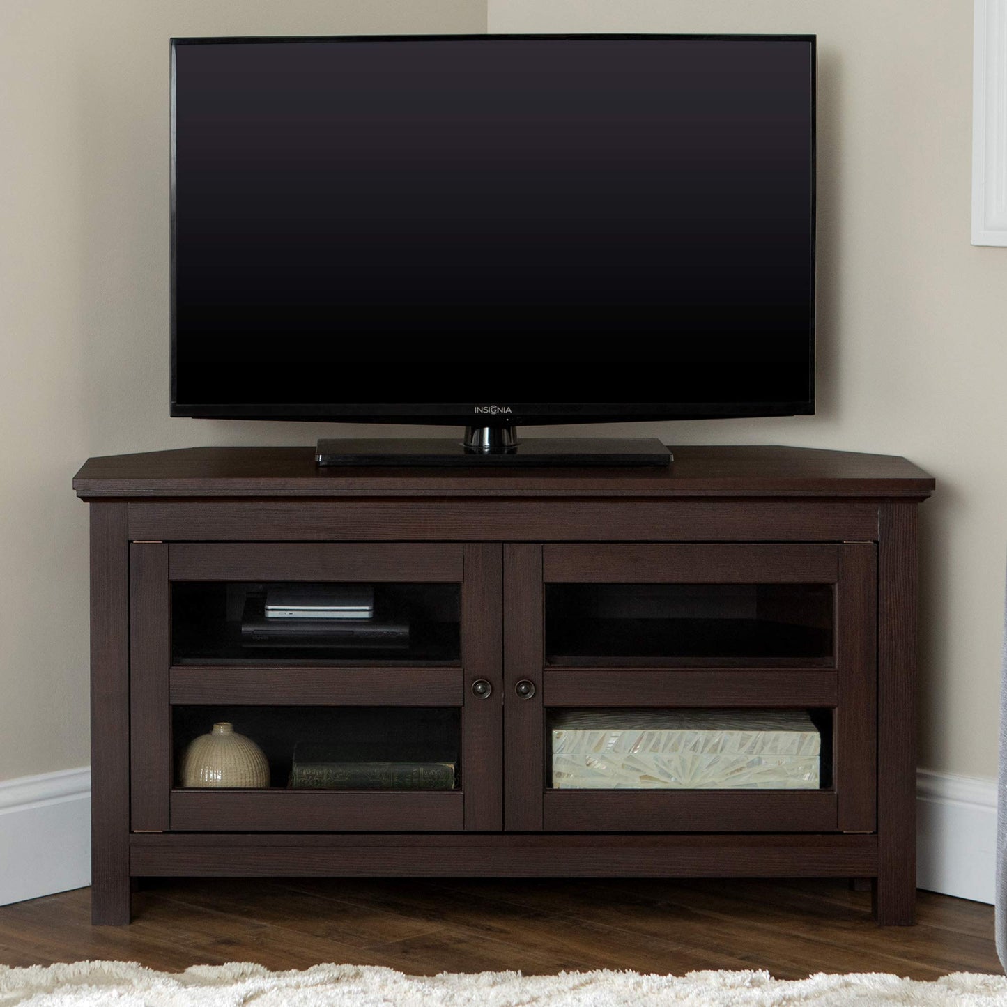 Walker Edison Modern Farmhouse Wood Corner Universal TV Stand for TV's up to 50" Flat Screen Living Room Storage Entertainment Center, 44 Inch, Espresso Brown