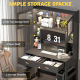 LVSOMT Home Office Desk with Hutch, Modern Computer Gaming Desk with LED Lights & Power Outlets, Black Study Table with Storage Shelves, Teen Writing Desk for Bedroom, 40'' W LVSOMT