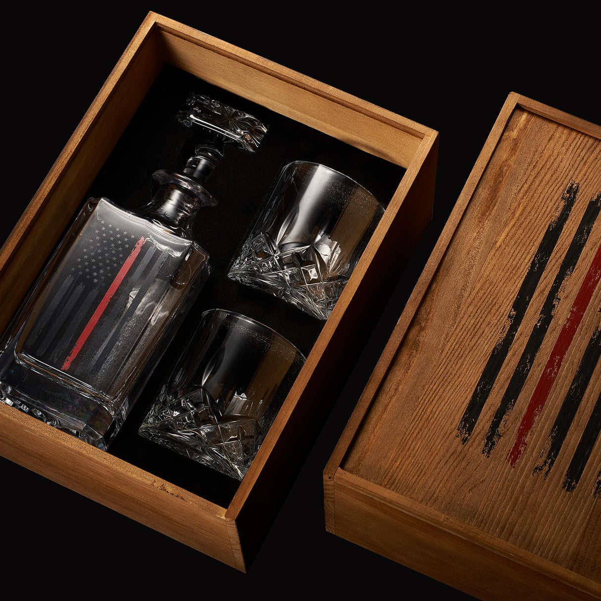Firefighter Tactical Red Tattered American Flag USA Whiskey Gift Set | 730mL Decanter & 2 Whiskey Glass + Wood Gift Box | Fire Fighter, Gifts, Wine Decanter Airtight, Fire Department FD, Men, Dad, Him The Wine Savant