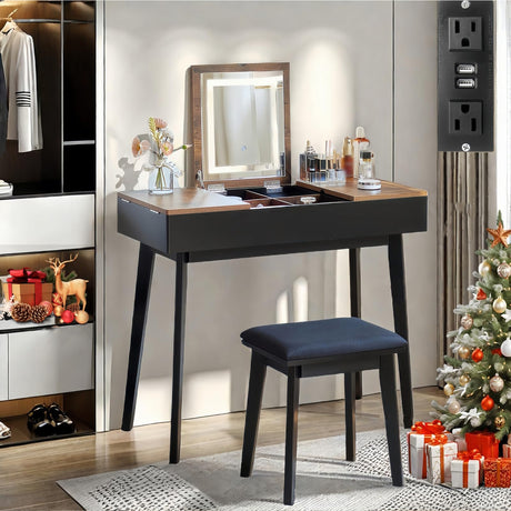 JanflyHome Vanity Desk, Flip Top Makeup Vanity Table with Power Outlet, Makeup Vanity Desk with Mirror & LED Light, Rustic Vanity Set with Cushioning Stool, Vintage Vanity for Bedroom, Black Brown JanflyHome