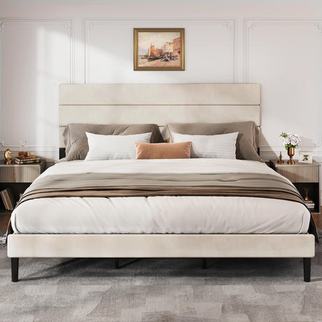 WLIVE King Size Upholstered Bed Frame, Velvet Square Tufted Headboard, Sturdy Metal & Wooden Slats Support, No Box Spring Needed, Beige WLIVE