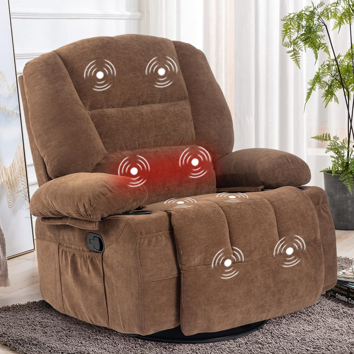 KCQ Overstuffed Swivel Rocker Recliner Chairs with Massage and Heat Fabric Manual Recliners with Cup Holders Brown Rocking Reclining Chairs for Adults KCQ