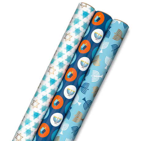 Hallmark Tree of Life Hanukkah Wrapping Paper with Cutlines on Reverse (3 Rolls: 120 Sq. Ft. Total) Blue and Gold Star of David, Menorahs, Candles, Dreidels Hallmark