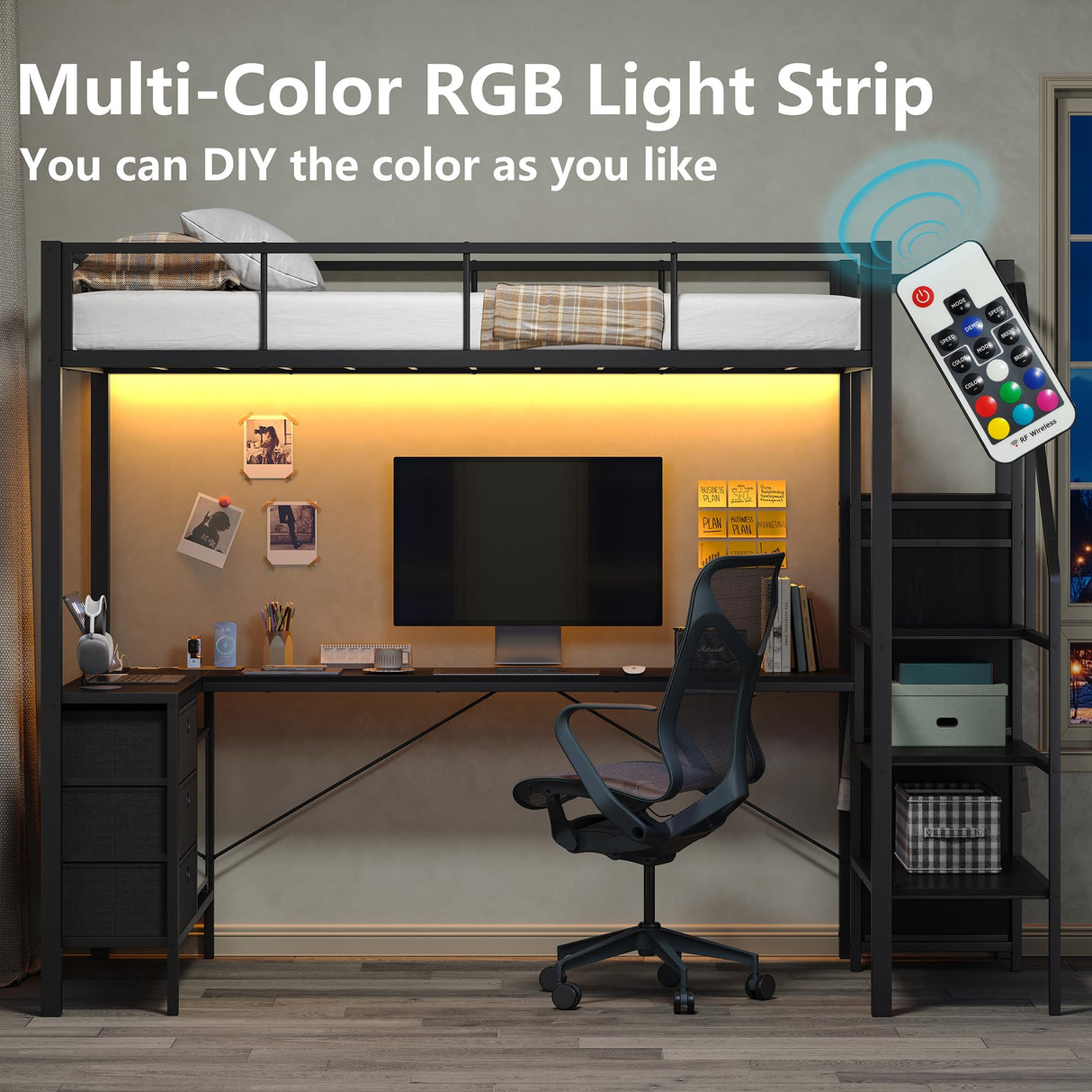 Furniouse Twin Loft Bed with Desk and Storage Stairs and Wardrobe, Heavy Duty Loft Bed, RGB LED Bed with USB Port, Outlets and Adjustable Furniouse