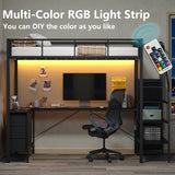 Furniouse Twin Loft Bed with Desk and Storage Stairs and Wardrobe, Heavy Duty Loft Bed, RGB LED Bed with USB Port, Outlets and Adjustable Furniouse