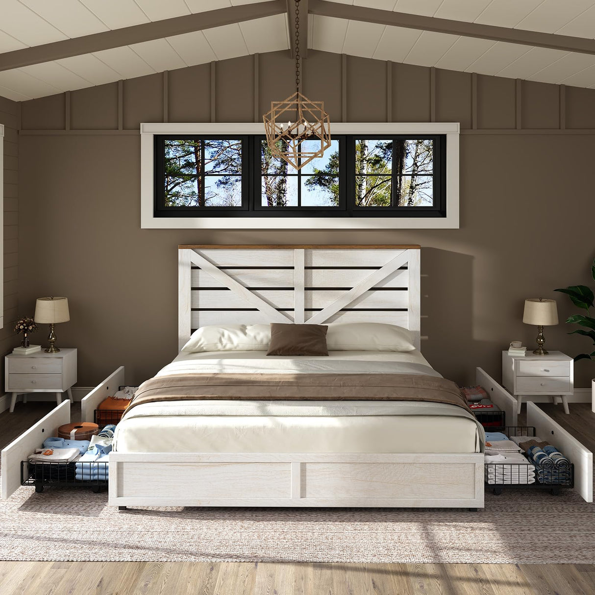 AMERLIFE Full Size Farmhouse Bed Frame with 4 Drawers, Wooden Storage Bed Frame with Headboard and Heavy Duty Metal Slats, Noisy Free, Easy Assemble, White/Barnwood AMERLIFE