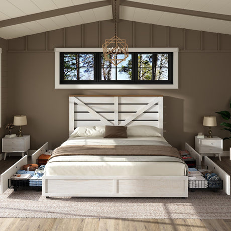 AMERLIFE Full Size Farmhouse Bed Frame with 4 Drawers, Wooden Storage Bed Frame with Headboard and Heavy Duty Metal Slats, Noisy Free, Easy Assemble, White/Barnwood AMERLIFE