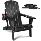 POWERWOOD Folding Adirondack Chair Wood Texture, HDPE Higher Back Plastic Adirondack Chairs with Cup Holder, Weather Resistant Composite Chair for Outdoor, Patio, Lawn, Garden, Fire Pit Chairs (Black) POWERWOOD