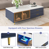Modern Coffee Table with Glass Doors Storage, 47.2" Large Multi-Color Led Coffee Table with 4 Drawers and Gold Metal Legs, Wooden Rectangle Tea Table Center Table for Living Room, Navy Blue cloblane