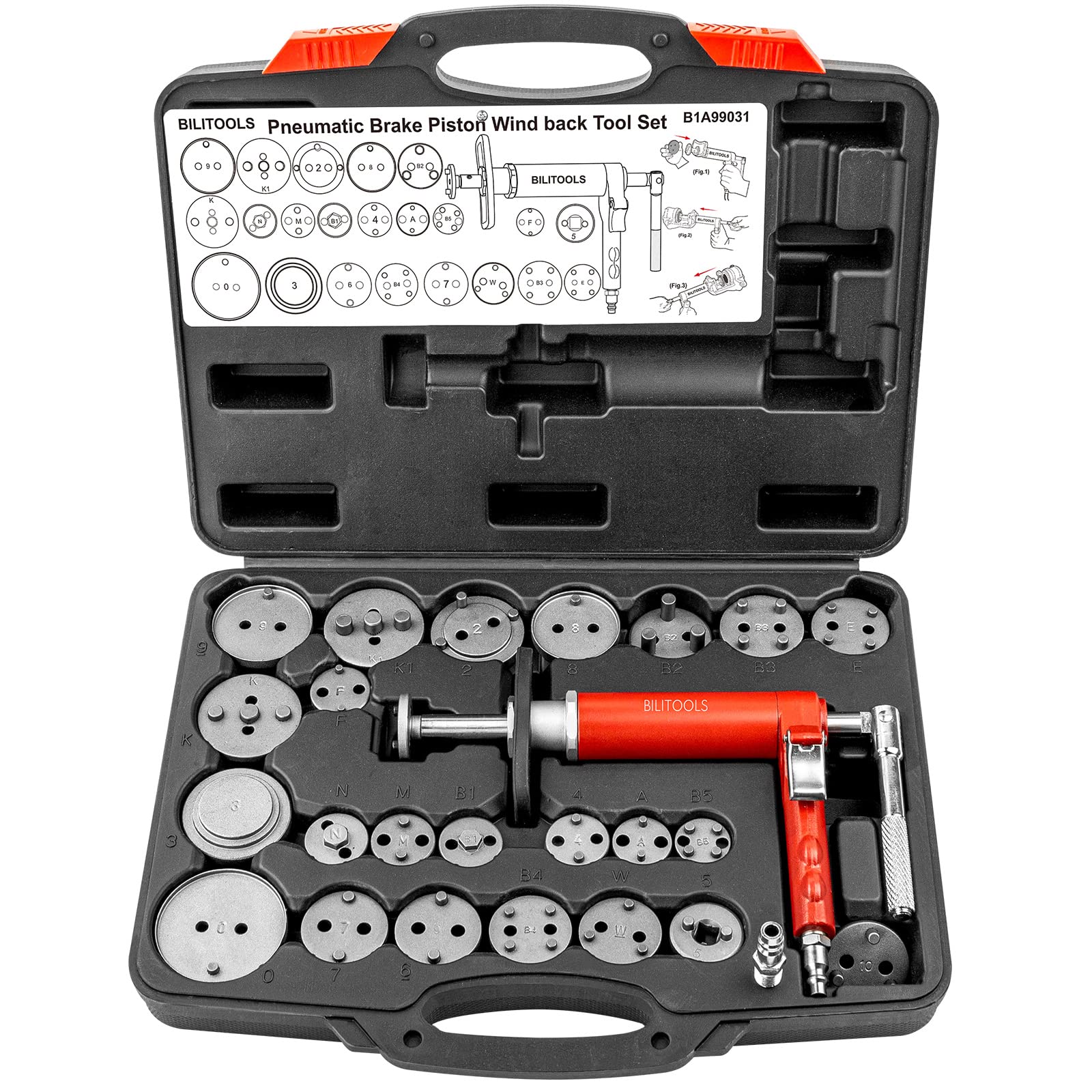 BILITOOLS Pneumatic Brake Caliper Compression Tool, 24-Piece Air Operated Disc Brake Piston Wind Back Rewind Tool Set - WoodArtSupply