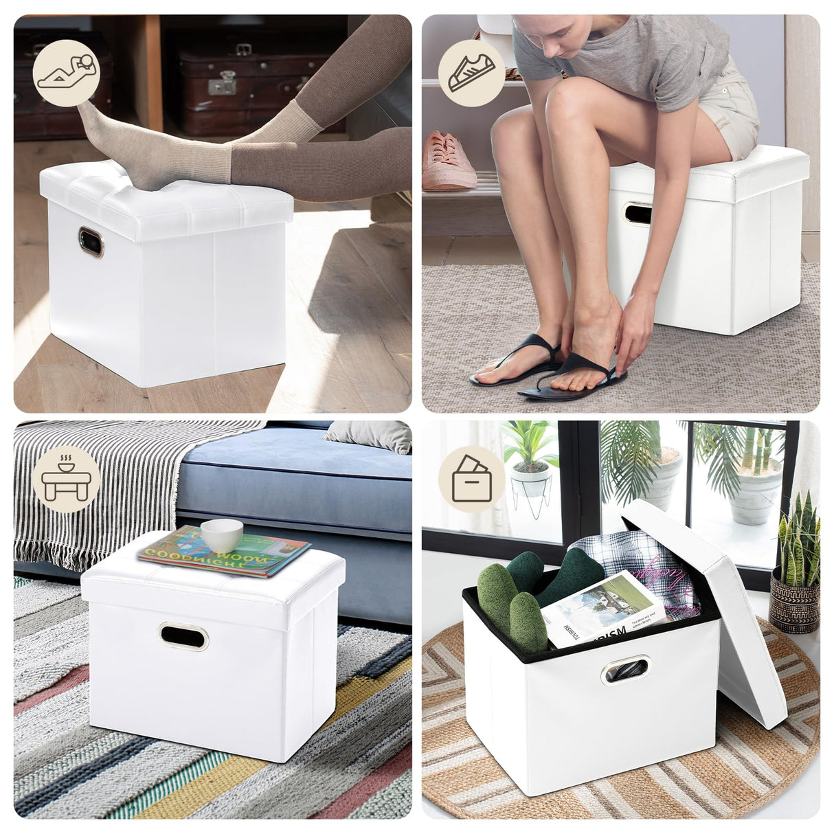 COSYLAND Storage Ottoman 17x13x13in Leather Ottoman Rectangle Foot Rest Foot Stool Folding Ottoman for Room Dorm Small Collapsible Bench Seat Organizer Entryway Furniture with Handles Lid White COSYLAND