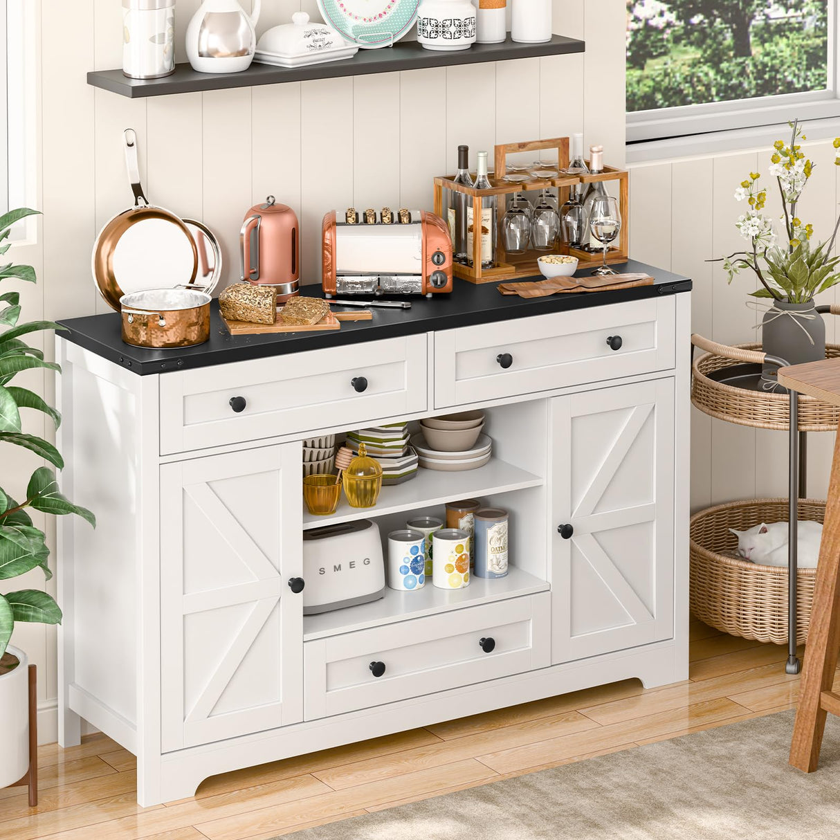 Vabches Farmhouse Sideboard Buffet Cabinet, Kitchen Storage Cabinet with 3 Large Drawers and 2 Doors Wood Rustic Sideboard Buffet Cabinet for Kitchen, Living Room, White Vabches