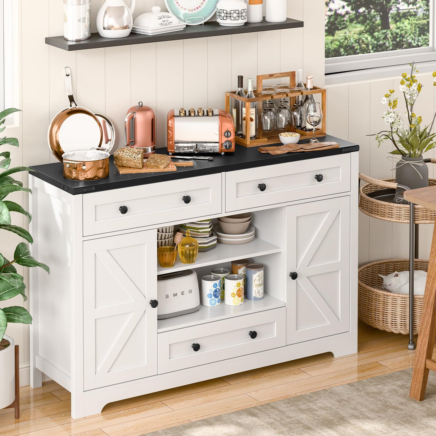 Vabches Farmhouse Sideboard Buffet Cabinet, Kitchen Storage Cabinet with 3 Large Drawers and 2 Doors Wood Rustic Sideboard Buffet Cabinet for Kitchen, Living Room, White