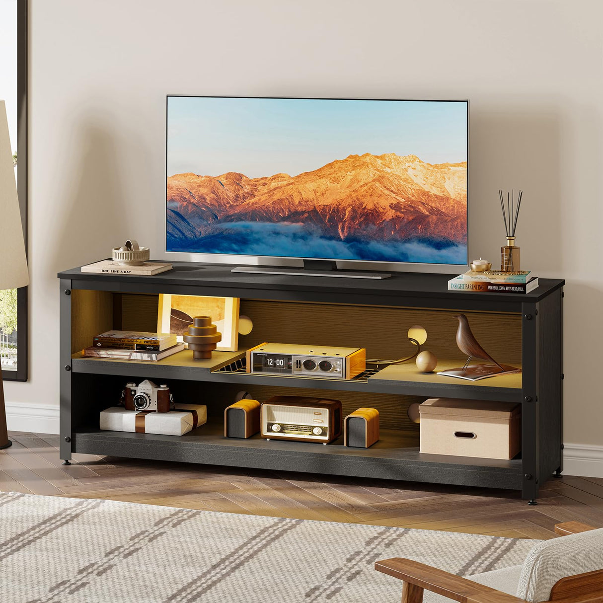 Bestier Gaming TV Stand with LED Light for TVs up to 60 Inch, Entertainment Center with Adjustable Shelves, Modern Industrial TV Media Console with Storage Shelves for Living Room Bedroom, Black Bestier