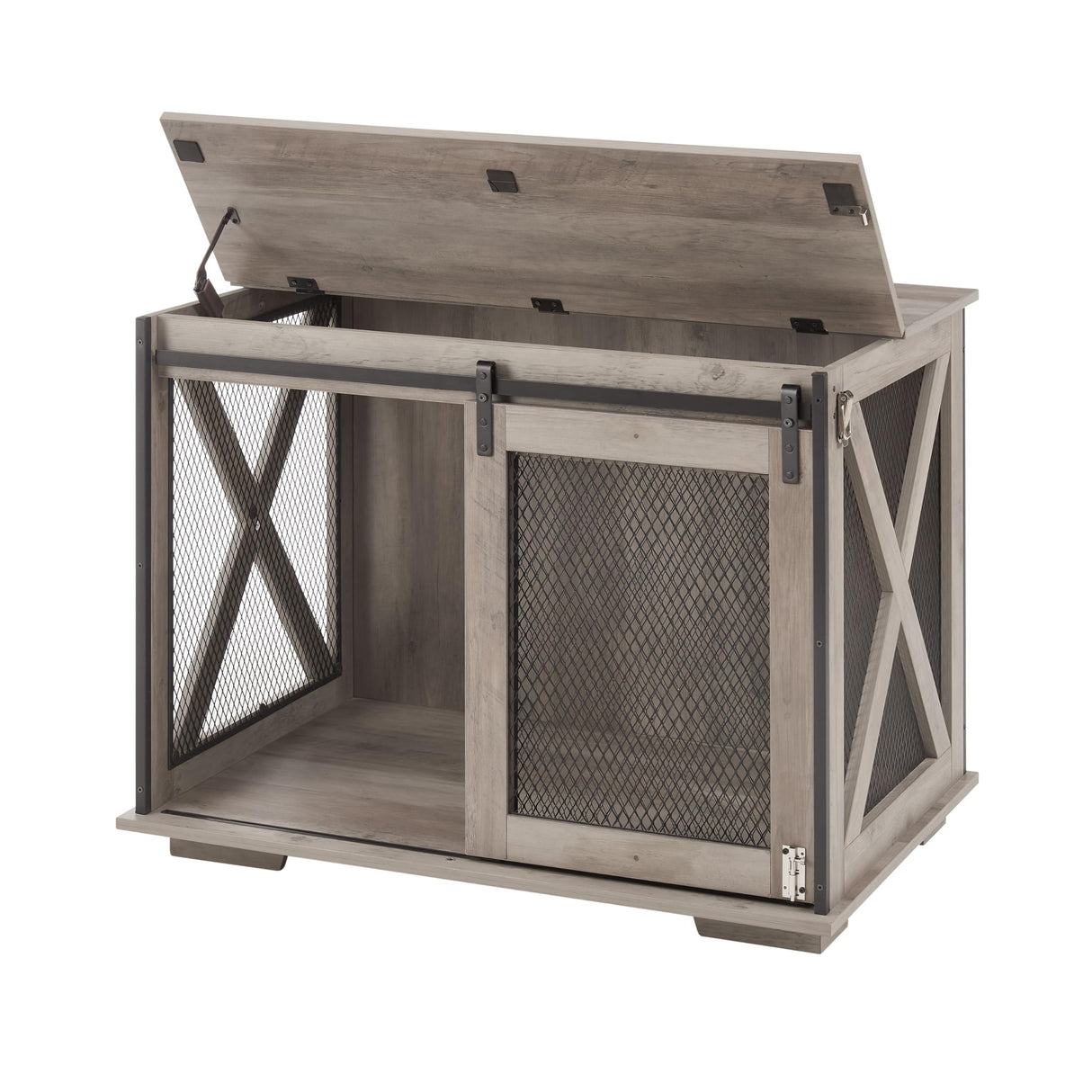 CKEASEAN Farmhouse Style Dog Cage Crate Furniture with Sliding Barn Door, Wooden Dog Kennel End Table with Flip-top Plate and Detachable Divider for Small/Medium/Large Dogs (Gray Wash) CKEASEAN