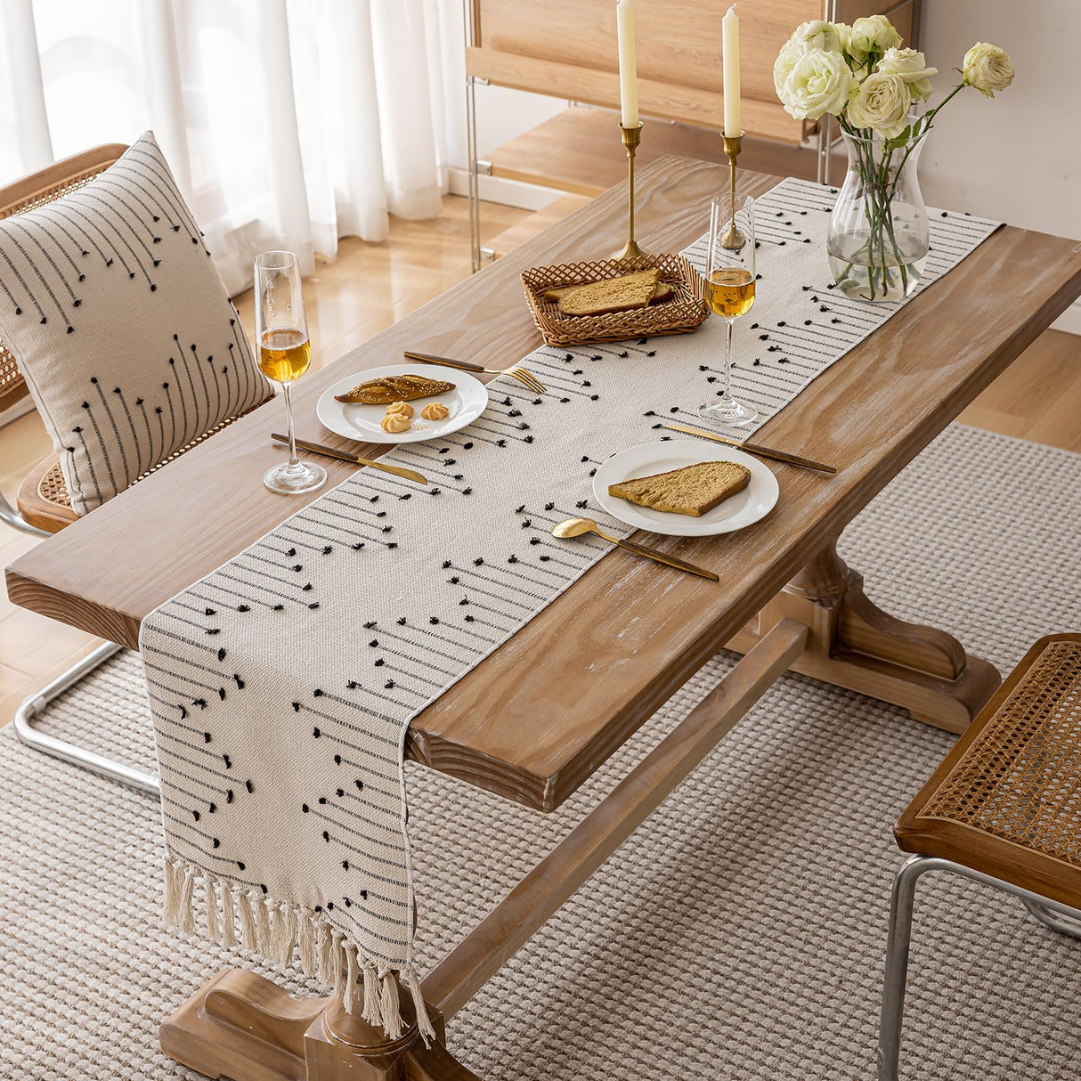 Joyfol Day Boho Table Runner, Farmhouse Stripe Cotton Table Runners with Tassels for Home Dining Table Decor, Rustic Natural Woven Dresser Scarf (Beige&Black,13 x 36 Inch) Joyfol Day