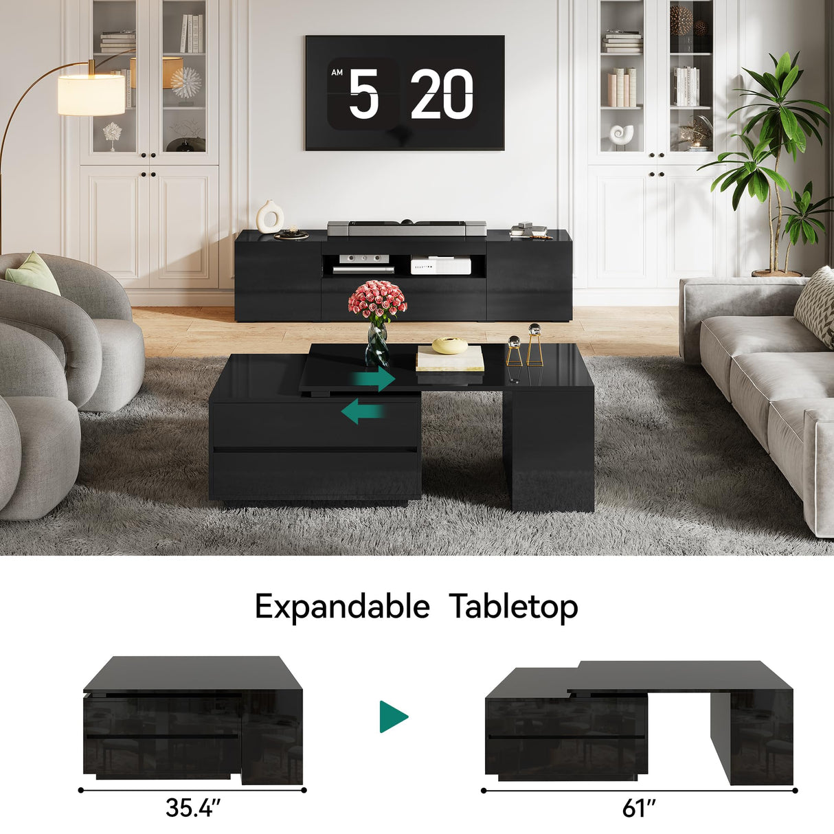 YITAHOME LED Coffee Table with Storage 4 Drawers, Modern Coffee Tables for Living Room, Wooden Rectangle Extendable Center Table with Open Shelves & Sliding Tabletop 35"- 61" for Home Office, Black YITAHOME